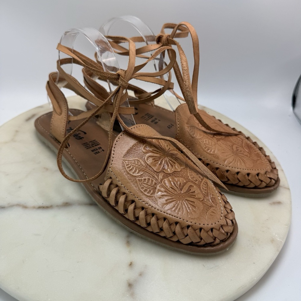 Mexican Sandals Womens 9 Huaraches Embossed Rose Lace Up Artisan